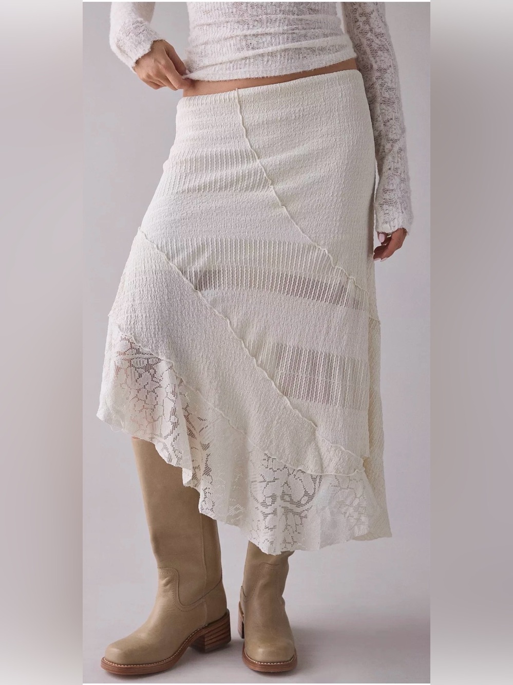 Urban Outfitters Birdie Textured Lace Patchwork Asymmetric Midi Skirt